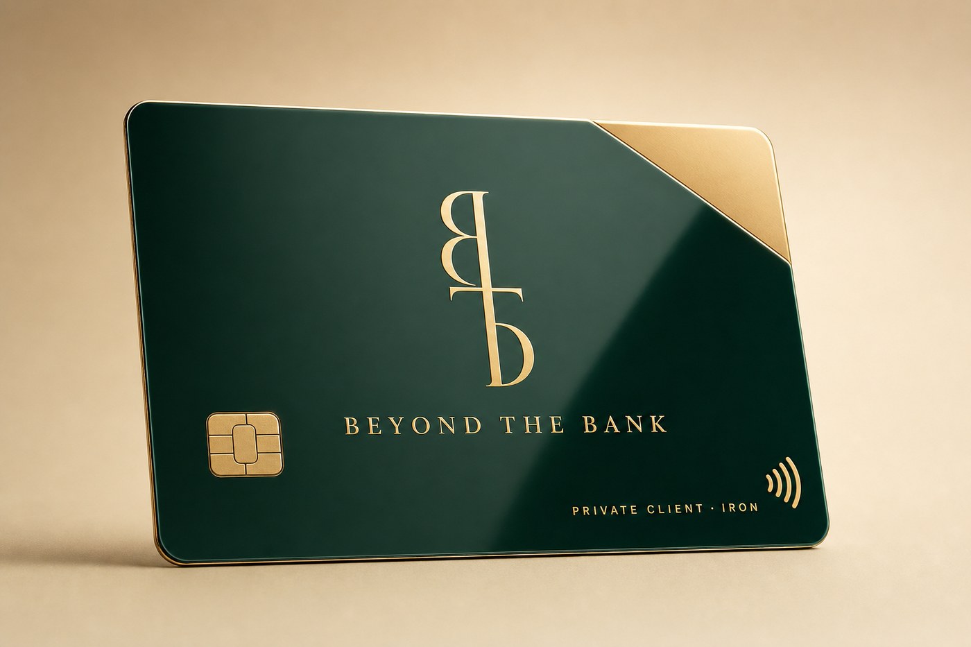 BTB Iron card — mirror-gloss emerald with a solid champagne-gold corner insert.