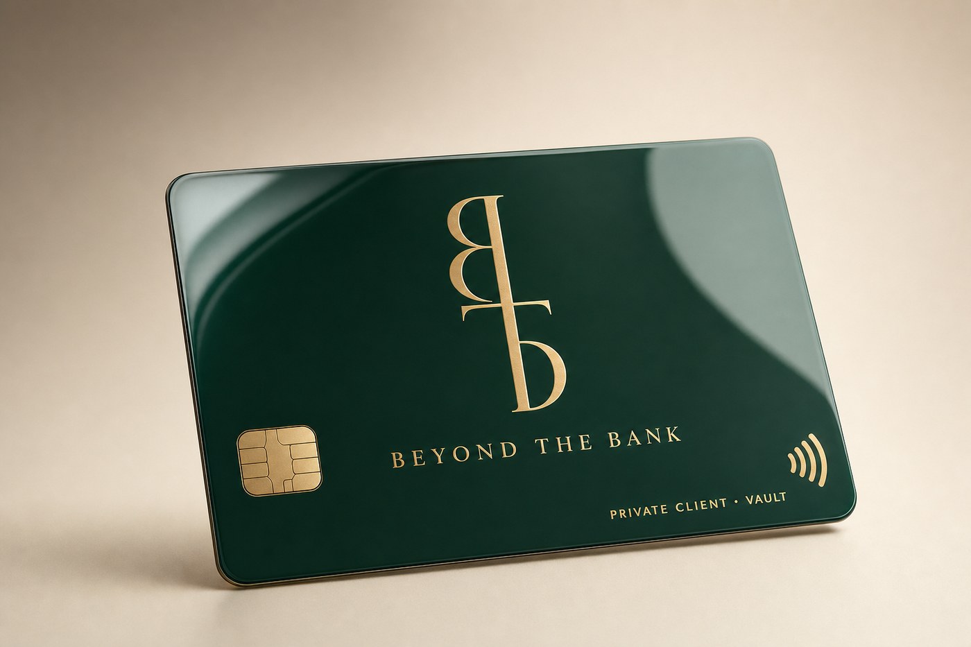 BTB Vault card — mirror-gloss emerald with champagne foil monogram.
